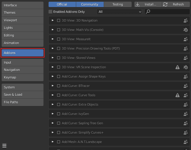 Blender navigate to add-ons within the preferences