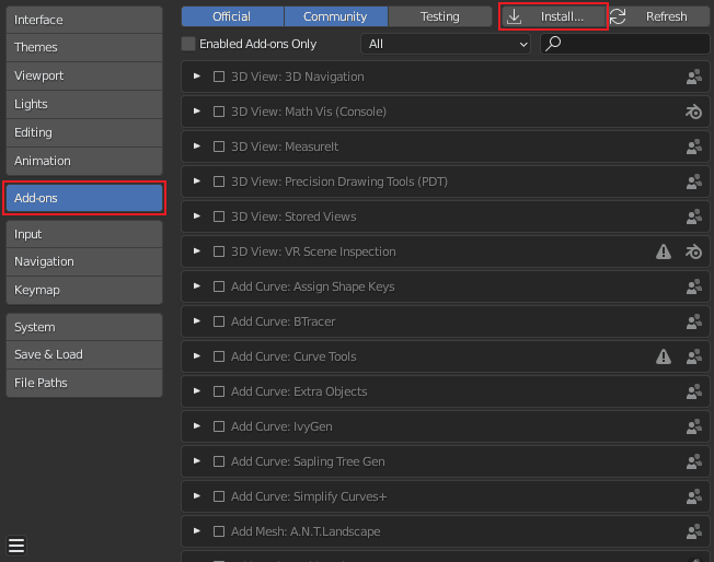 Blender install addon